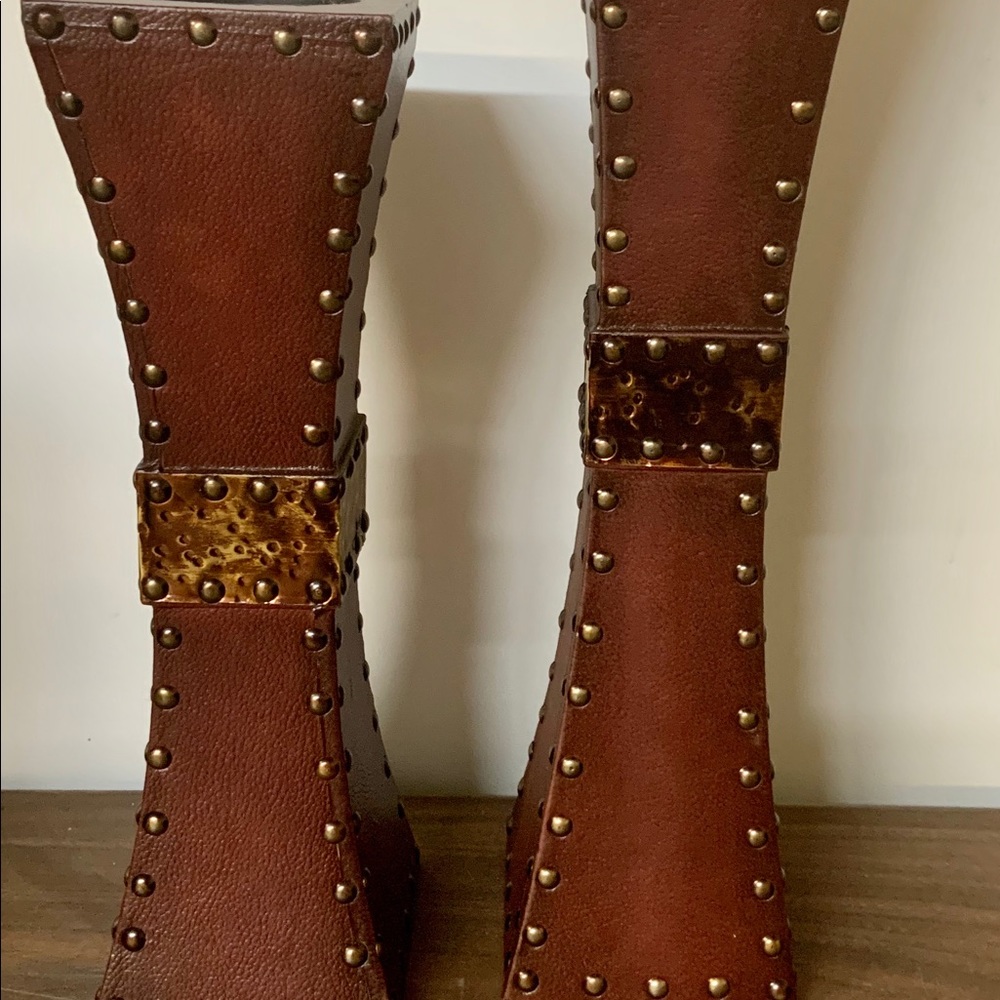 Pair of Faux Leather & Copper Candle Sticks